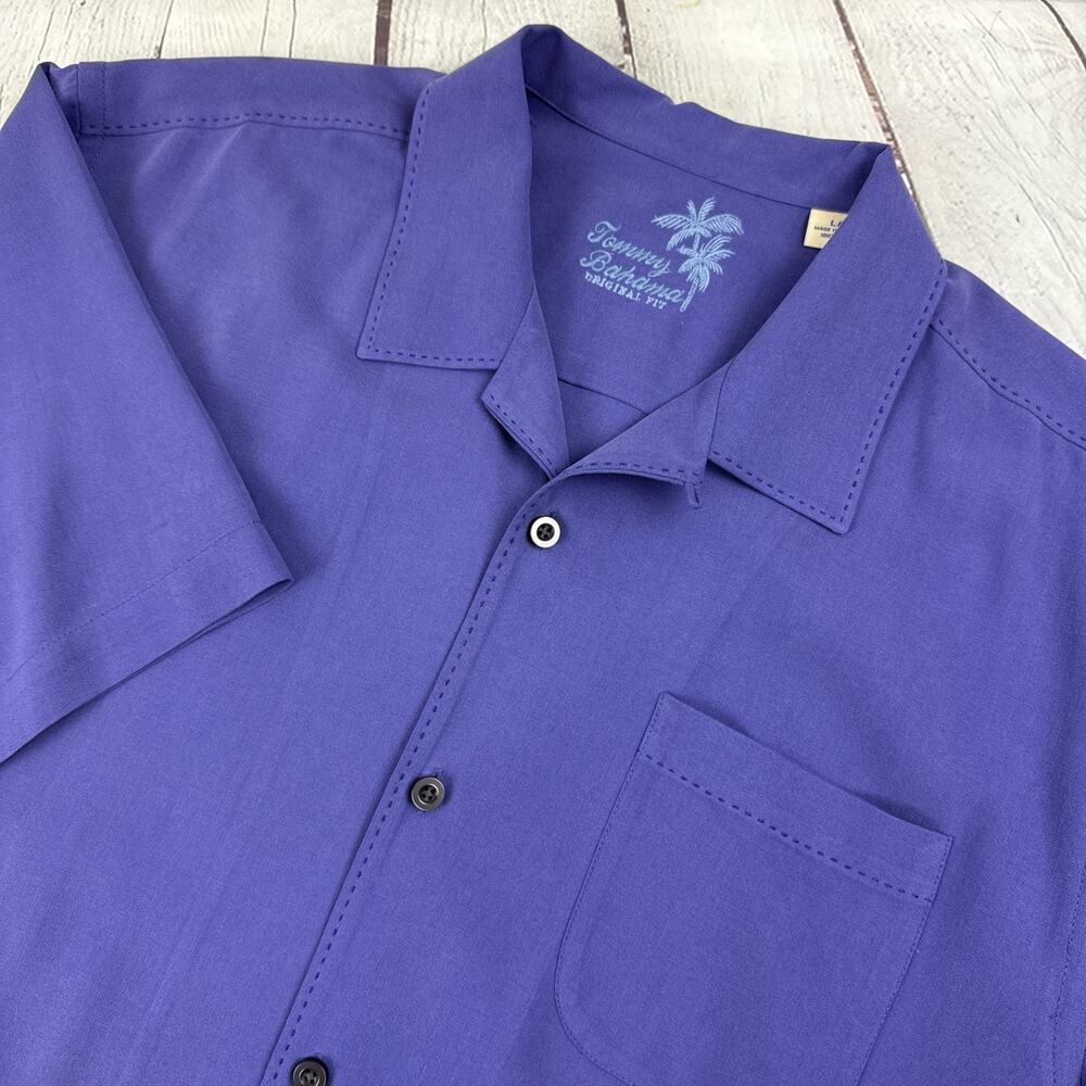 Tommy Bahama Shirt Mens Large Purple 100% Silk Short Sleeve Button Front Casual